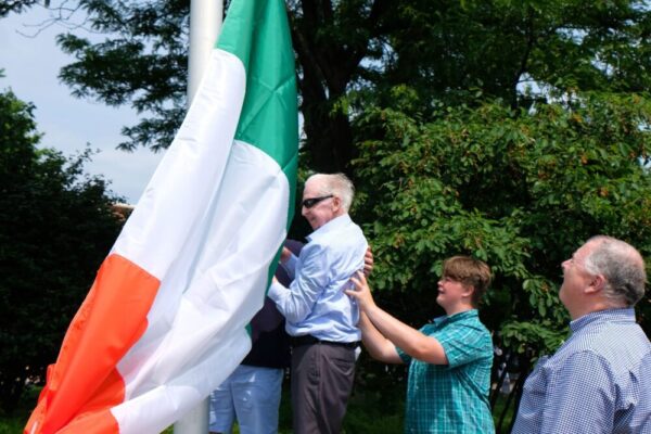 Flag raising ceremony at the Irish Memorial in Philadelphia.