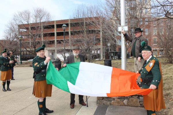 Flag raising ceremony at the Irish Memorial in Philadelphia.