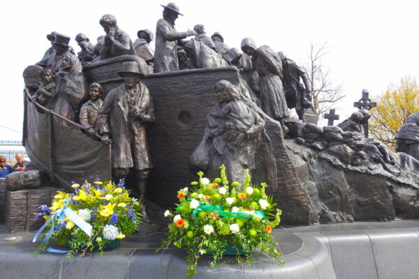 The Irish Memorial with rememberance wreaths on St. Patrick's Day 2025