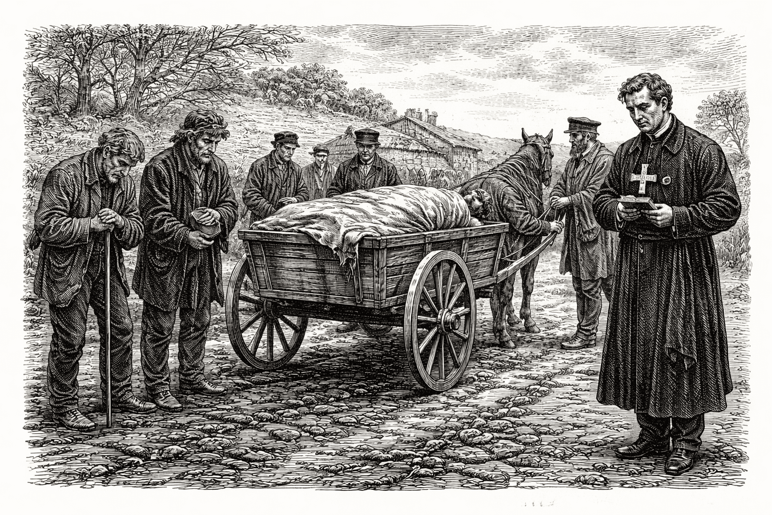 Illustration of a Catholic Priest blessing a victim of The Great Hunger.