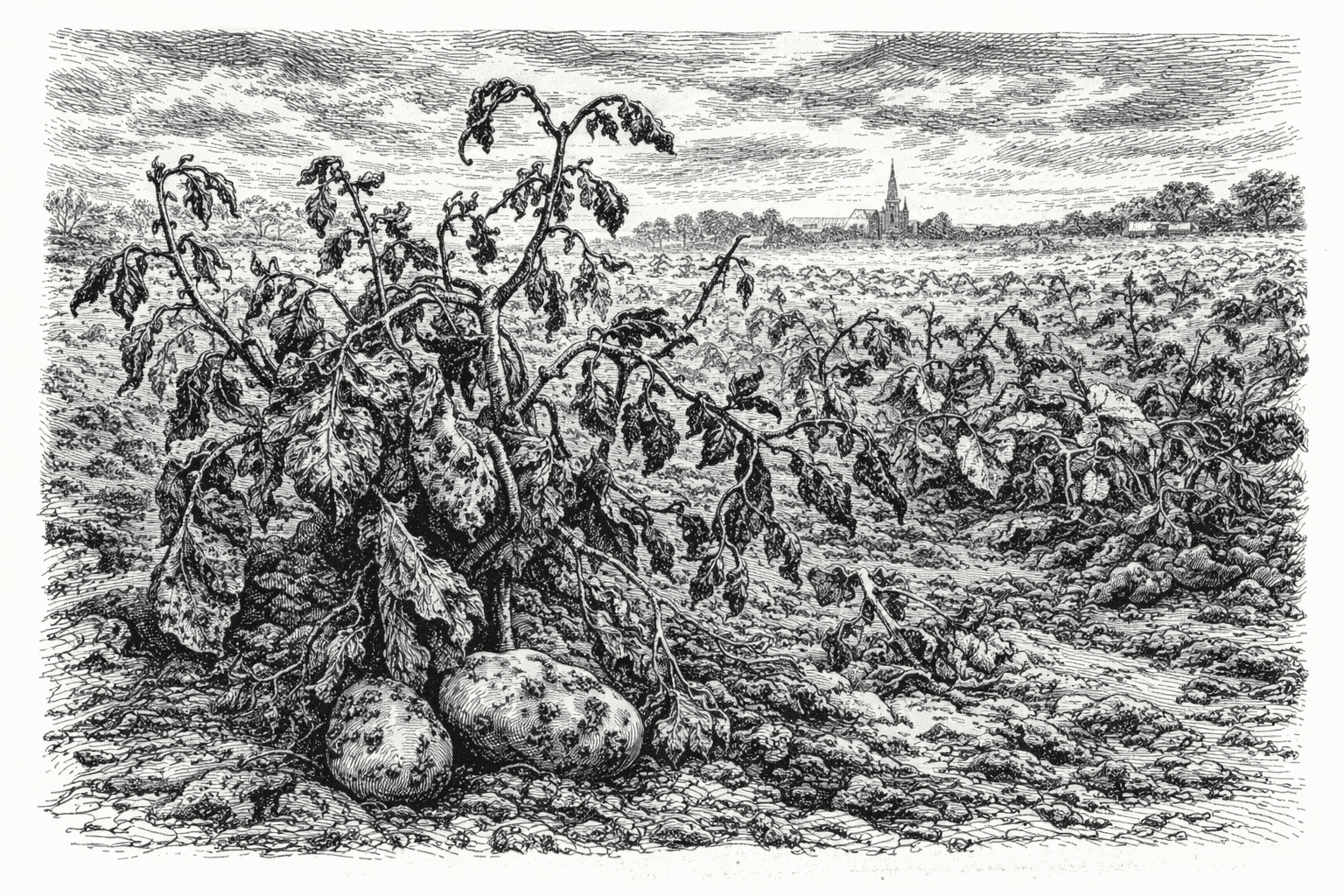 Illustration of the potato blight that led to the Great Hunger in Ireland.