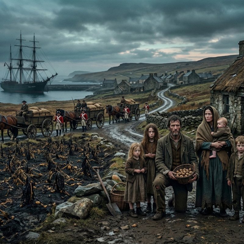 Irish family during The Great Famine stand outside their home while food is being exported.