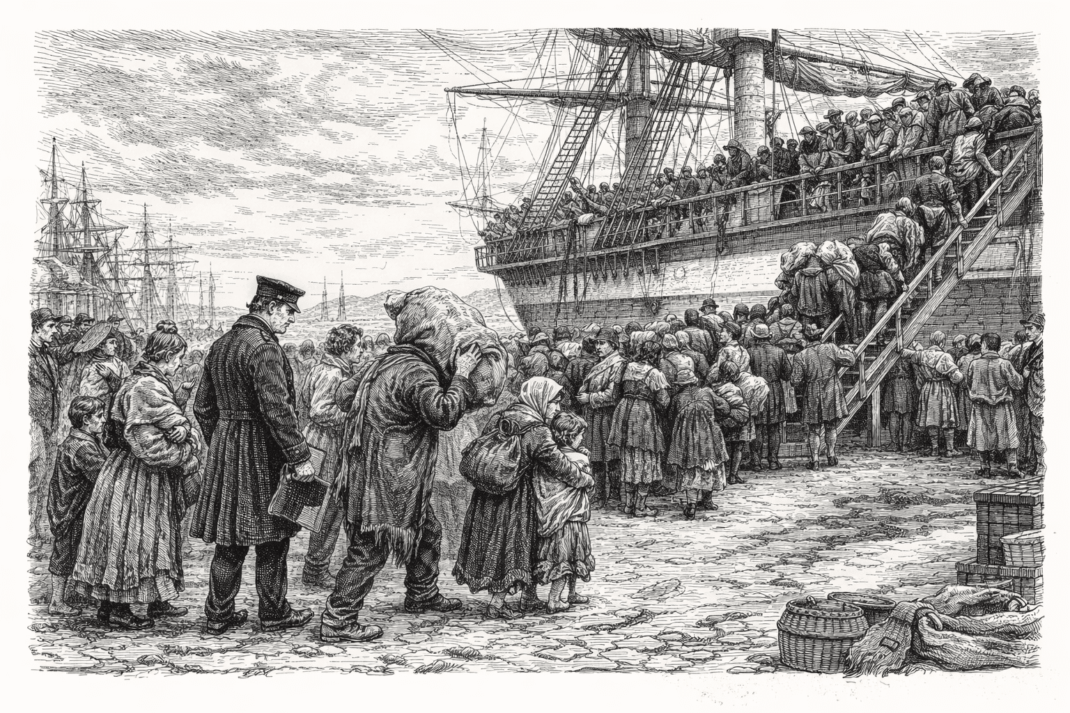 Illustration of the boarding of a Famine Ship leaving Liverpool.