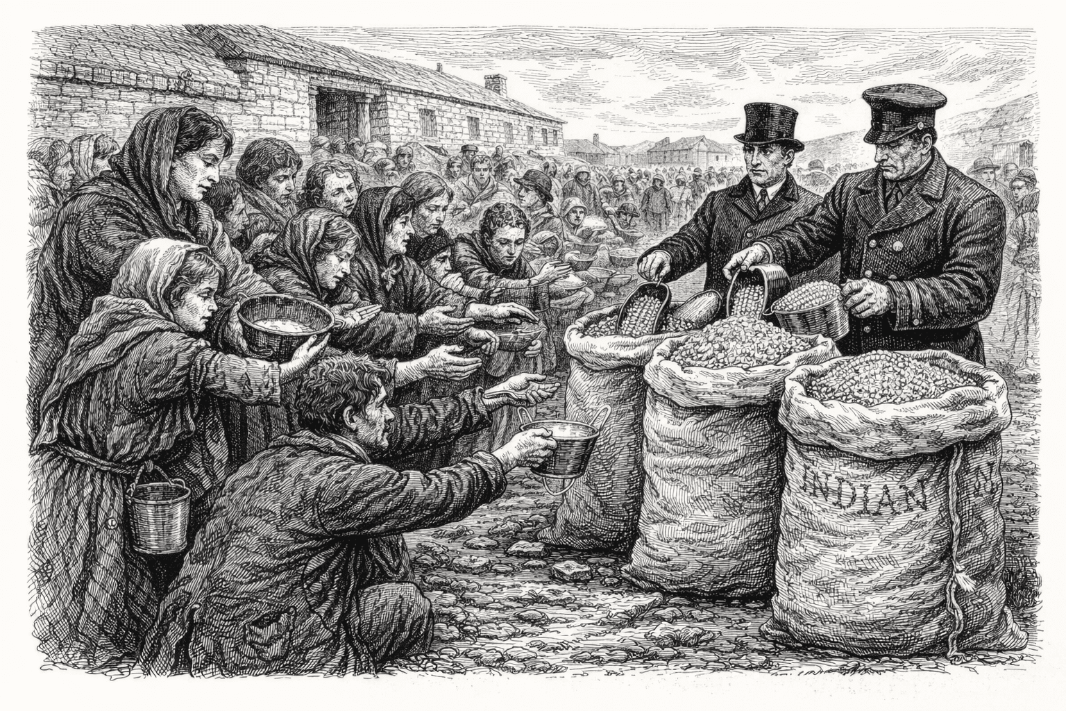 Illustration of starving Irish at a workhouse