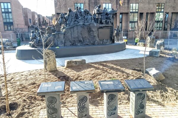 Irish Memorial being moved to its temporary location on Spruce Street.