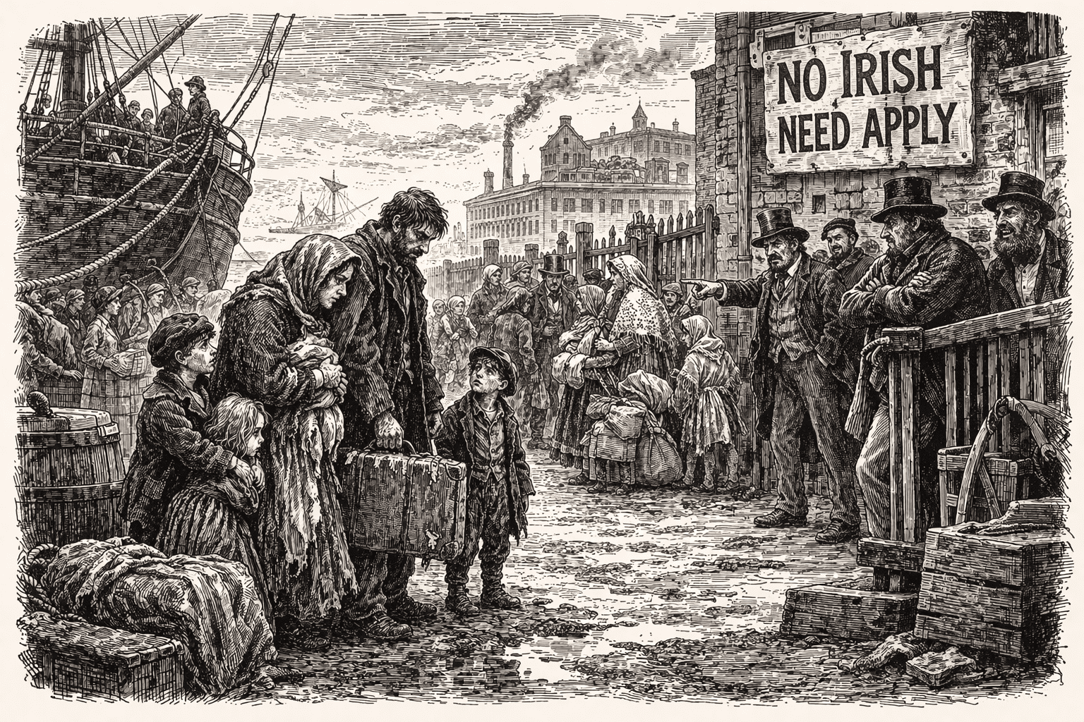 Irish Immigrants are met with NO Irish Need Apply Signs upon their arrival in Philadelphia.