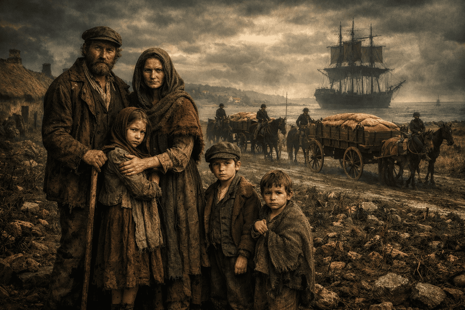 Irish family during The Great Famine stand outside their home while food is being exported.