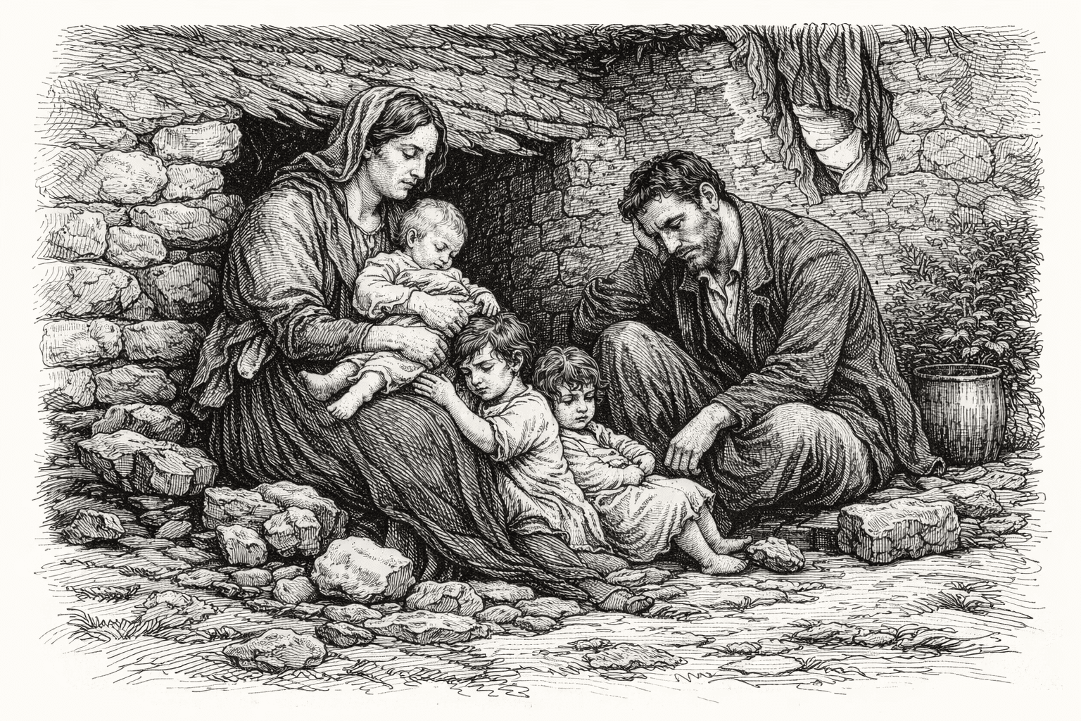 Illustration of a family starving during The Great Hunger.