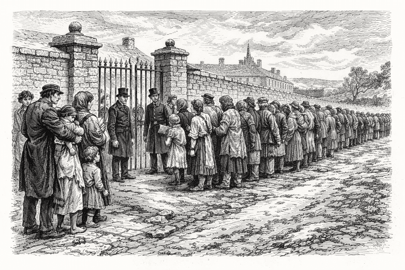 Illustration of Irish men and women lined up outside a workhouse.