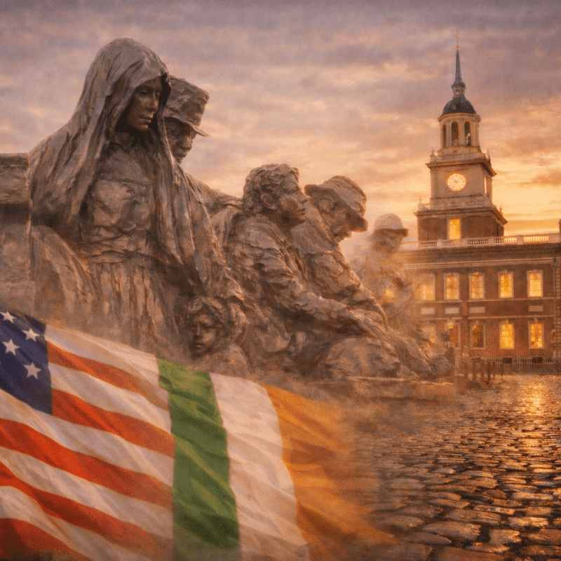 A close up of The Irish Memorial with the USA and Irish Flags