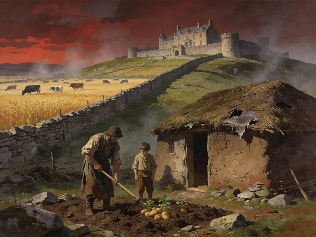 Historical painting showing impoverished Irish peasants outside a mud cabin while a wealthy Anglo-Irish estate prospers in the background, representing the Penal Laws.