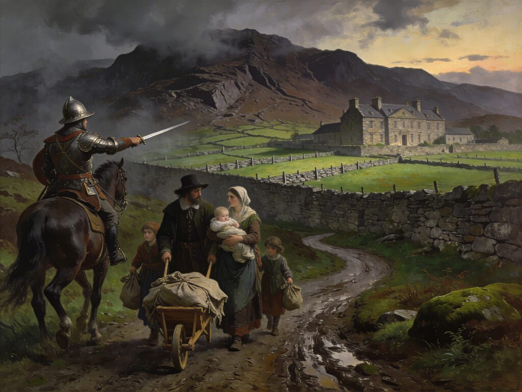 Historical oil painting of an Irish Catholic family being forced from their land by English soldiers during the Cromwellian Plantations in the 17th century.