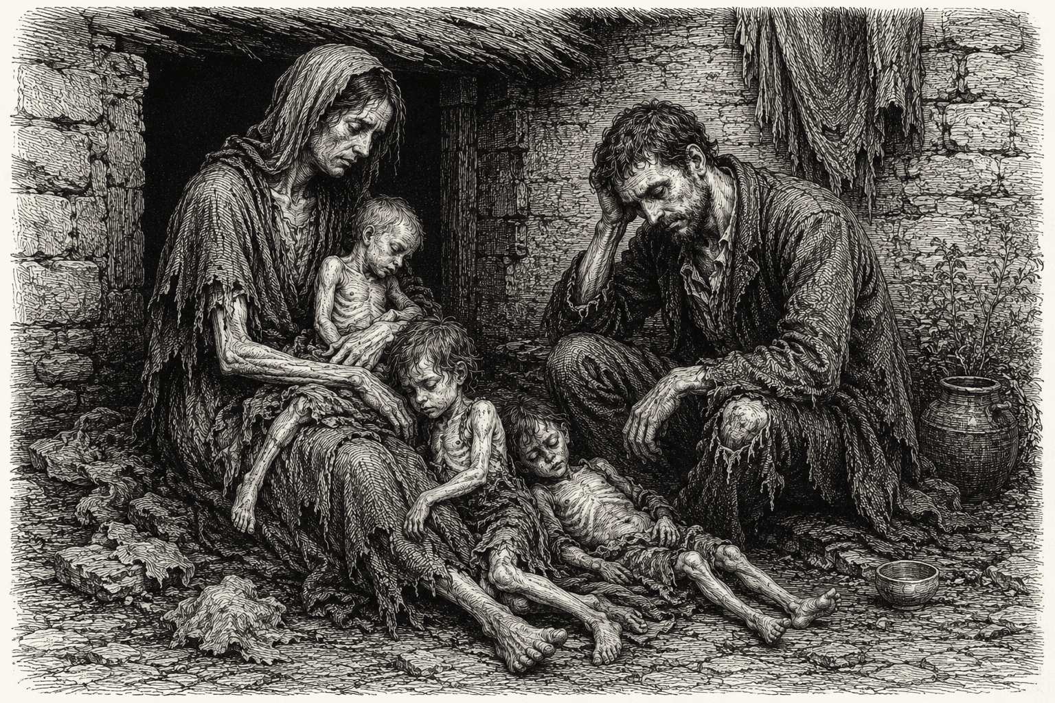 Irish Family starves outside their cottage in 1847.